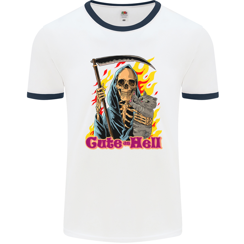 Cute Hell Cat Grim Reaper Skull Halloween Mens White Ringer T-Shirt White/Navy Blue