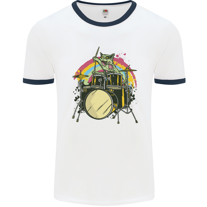 Zombie Cat Drummer Mens White Ringer T-Shirt White/Navy Blue