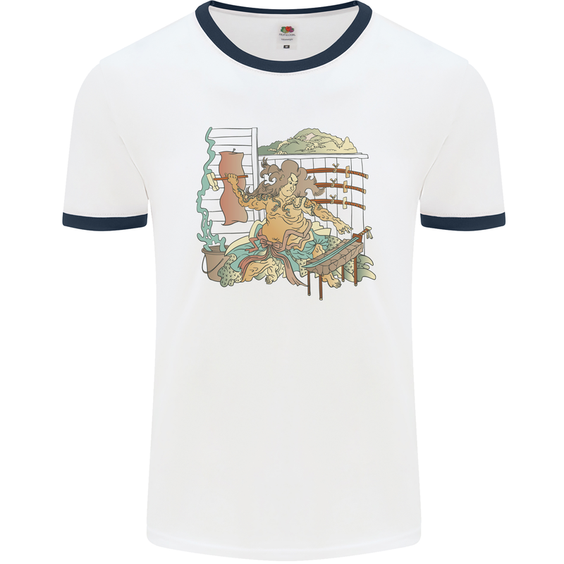 Katana Blacksmith Japanese Samurai Sword Mens Ringer T-Shirt White/Navy Blue