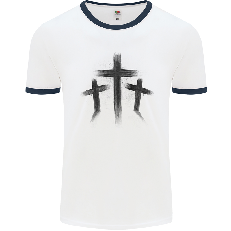 Three Grunge Crosses Gothic Mens Ringer T-Shirt White/Navy Blue