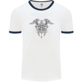 Cross Skull Wings Gothic Biker Heavy Metal Mens White Ringer T-Shirt White/Navy Blue