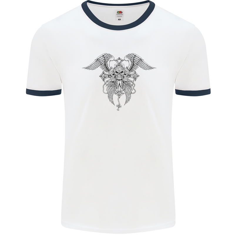 Cross Skull Wings Gothic Biker Heavy Metal Mens White Ringer T-Shirt White/Navy Blue