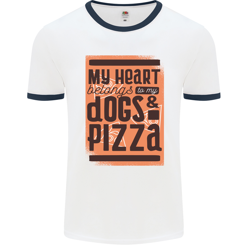 My Heart Belongs to Dogs & Pizza Funny Mens White Ringer T-Shirt White/Navy Blue