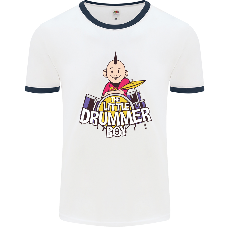 The Little Drummer Boy Funny Drumming Drum Mens White Ringer T-Shirt White/Navy Blue