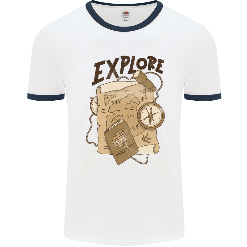 Explore Travel Orienteering Mountaineering Mens White Ringer T-Shirt White/Navy Blue