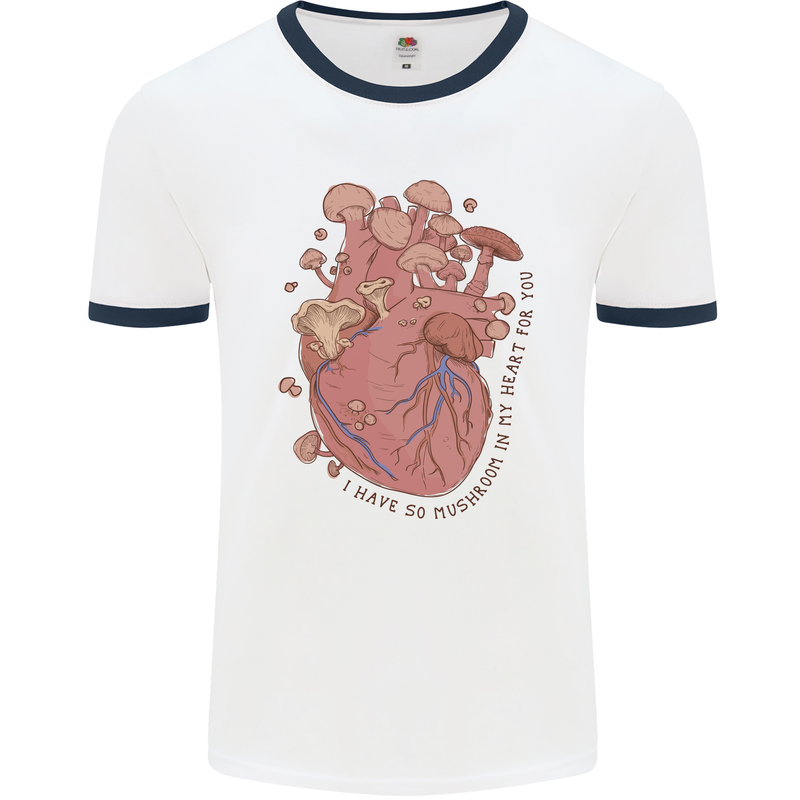 Mushroom Heart Foraging Mycology Mens Ringer T-Shirt White/Navy Blue