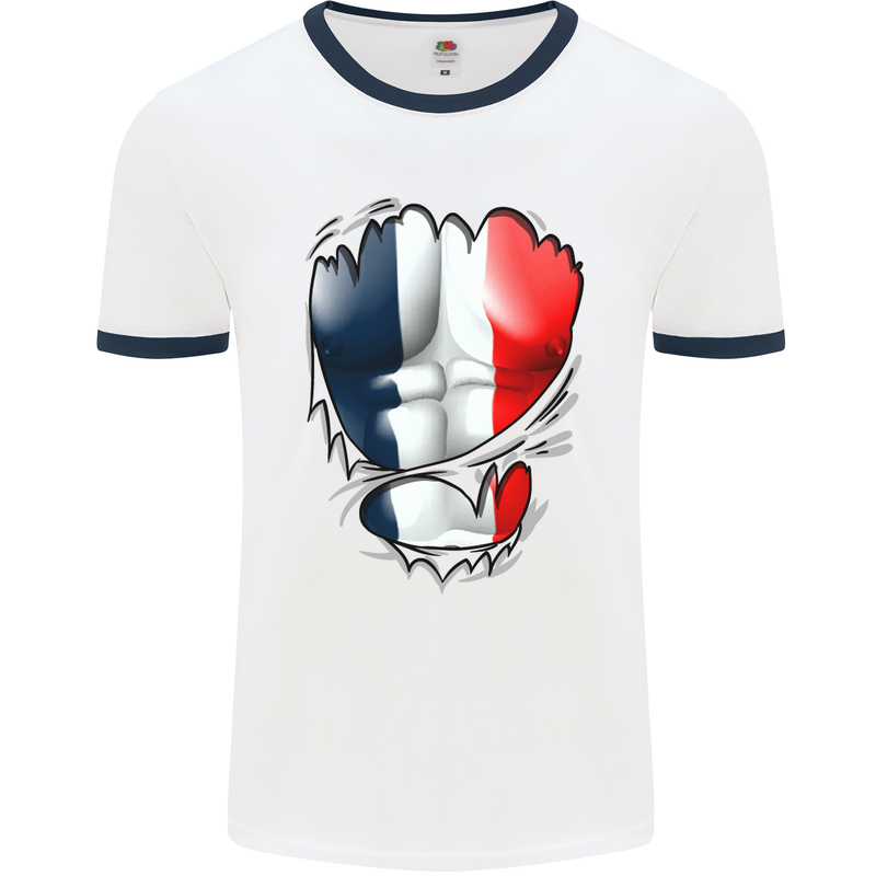 Gym French Tricolour Flag Muscles France Mens White Ringer T-Shirt White/Navy Blue