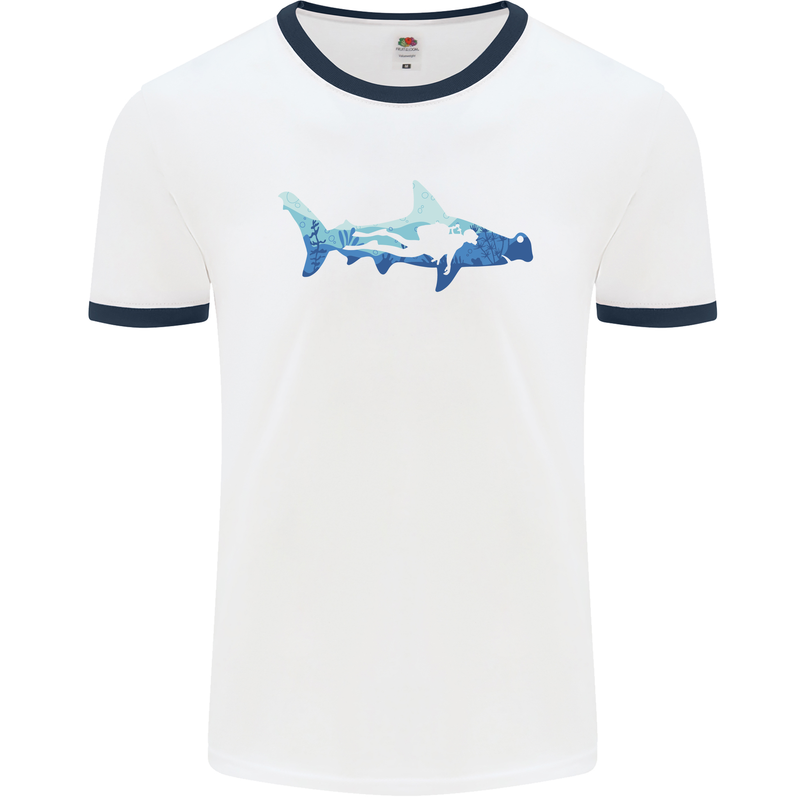 Hammerhead Shark Scuba Diver Diving Mens White Ringer T-Shirt White/Navy Blue