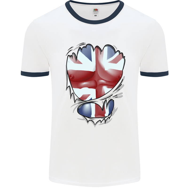 The Union Jack Flag Ripped Muscles Mens White Ringer T-Shirt White/Navy Blue