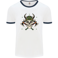 Viking Skull With Axes and Helmet Mens White Ringer T-Shirt White/Navy Blue