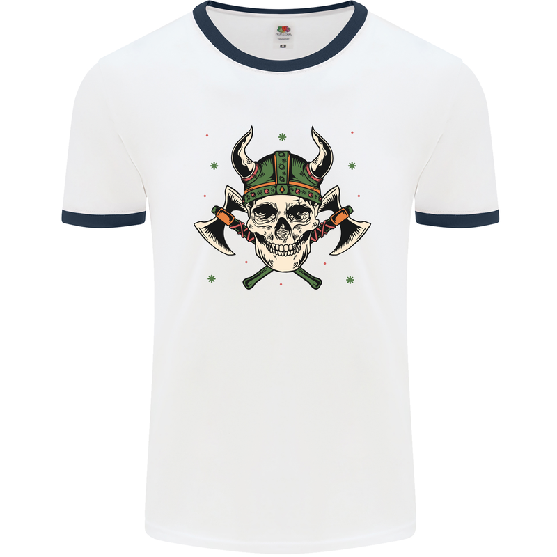 Viking Skull With Axes and Helmet Mens White Ringer T-Shirt White/Navy Blue