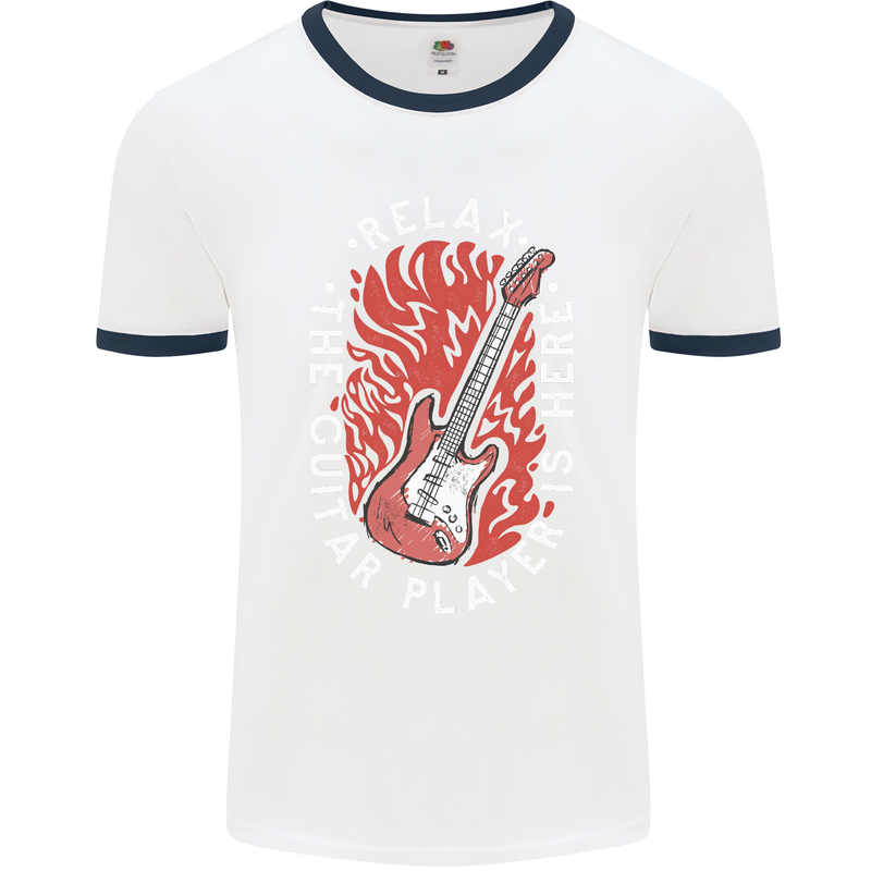 Here Comes the Guitar Player Guitarist Mens White Ringer T-Shirt White/Navy Blue