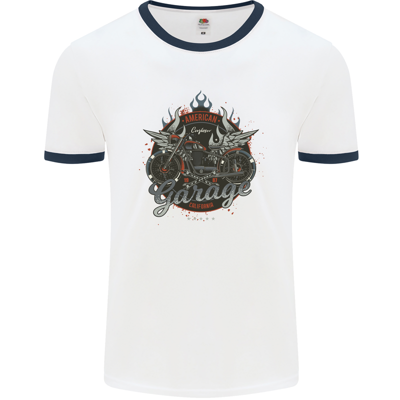 American Custom Garage Biker Motorcycle Mens White Ringer T-Shirt White/Navy Blue