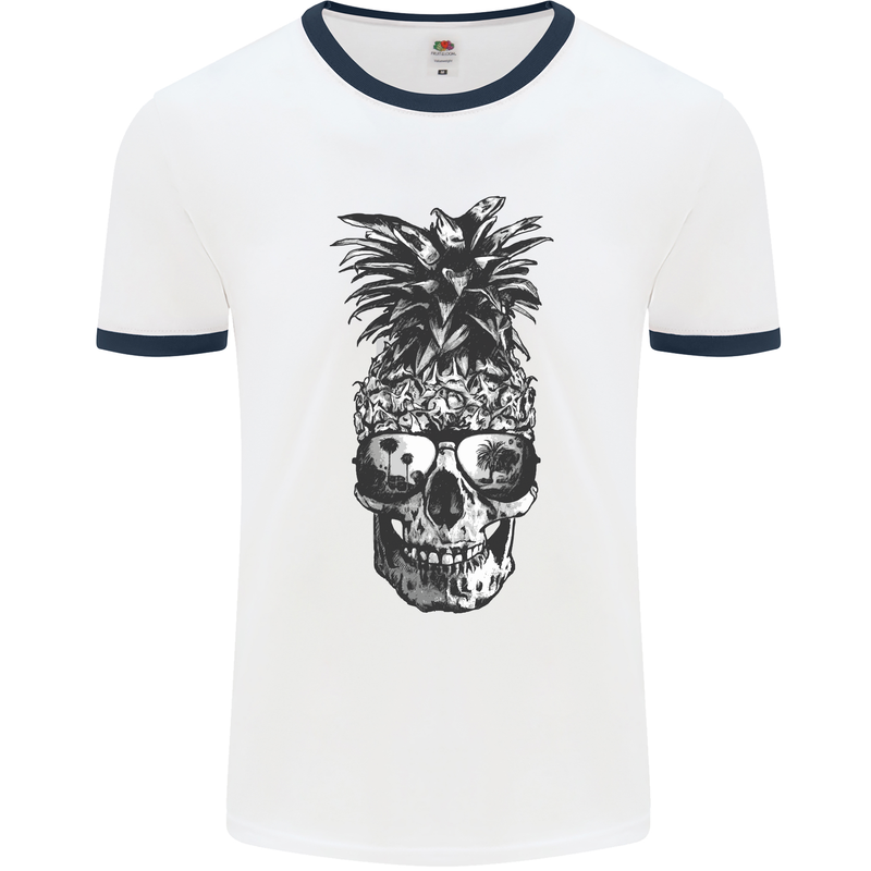 Pineapple Skull Surf Surfing Surfer Holiday Mens White Ringer T-Shirt White/Navy Blue