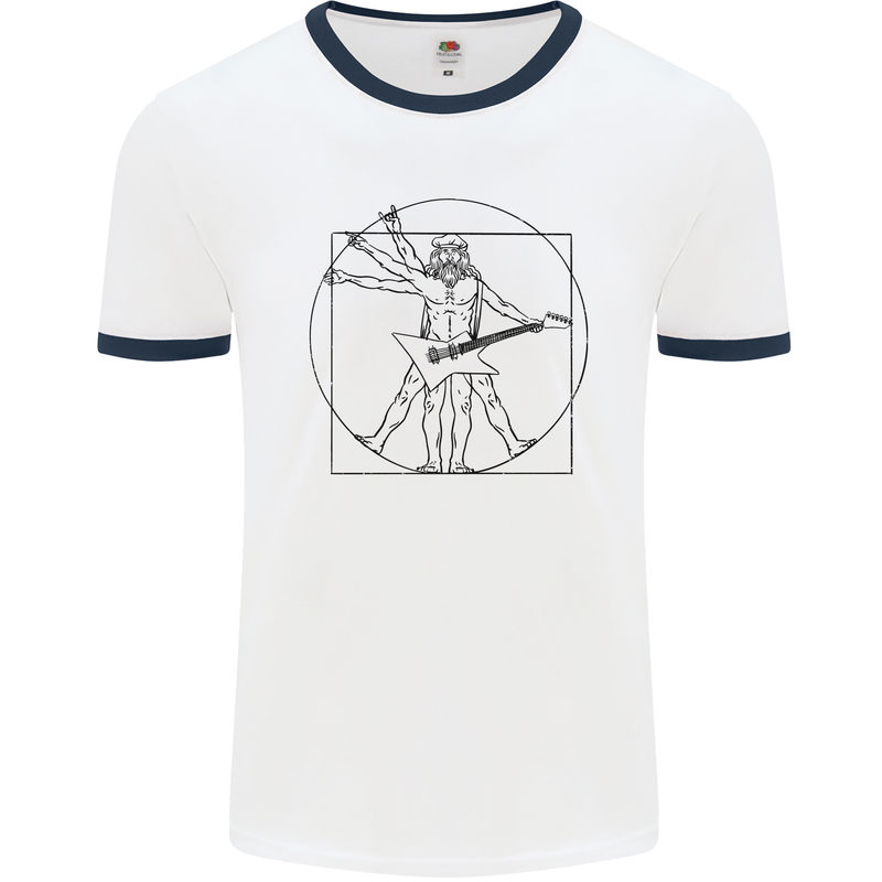 Old Rocker Vitruvian Guitarist Funny Guitar Mens White Ringer T-Shirt White/Navy Blue