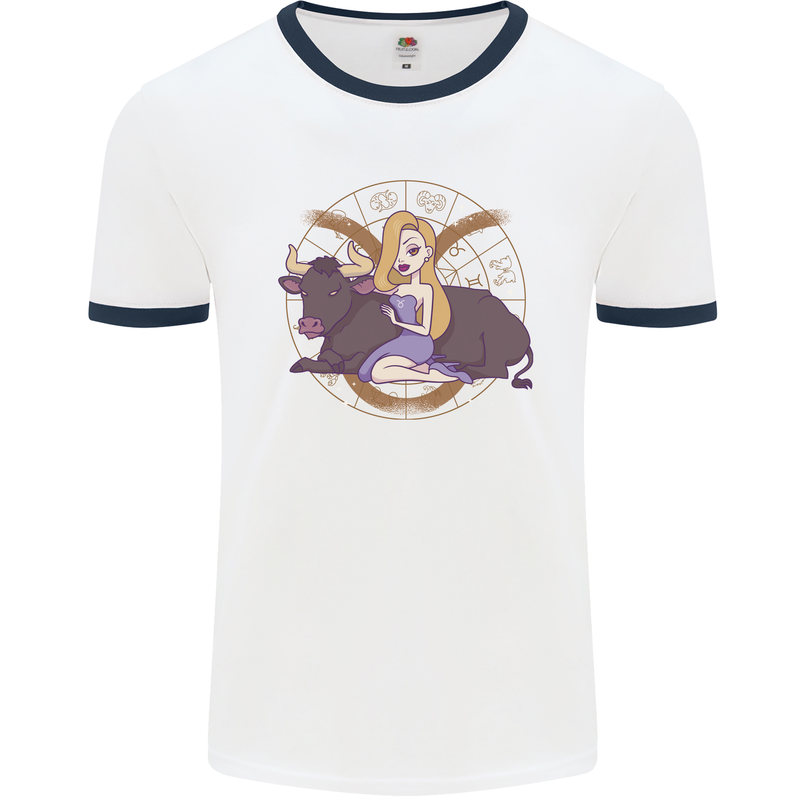 Taurus Star Sign Zodiac Astrological Mens Ringer T-Shirt White/Navy Blue