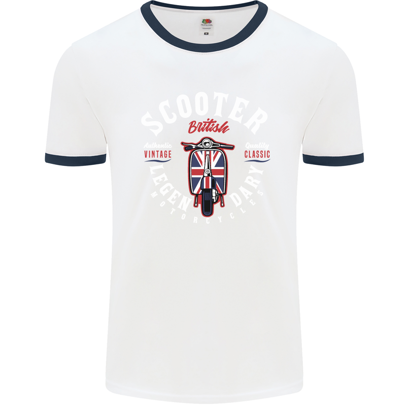 Legendary British Scooter Motorcycle MOD Mens White Ringer T-Shirt White/Navy Blue