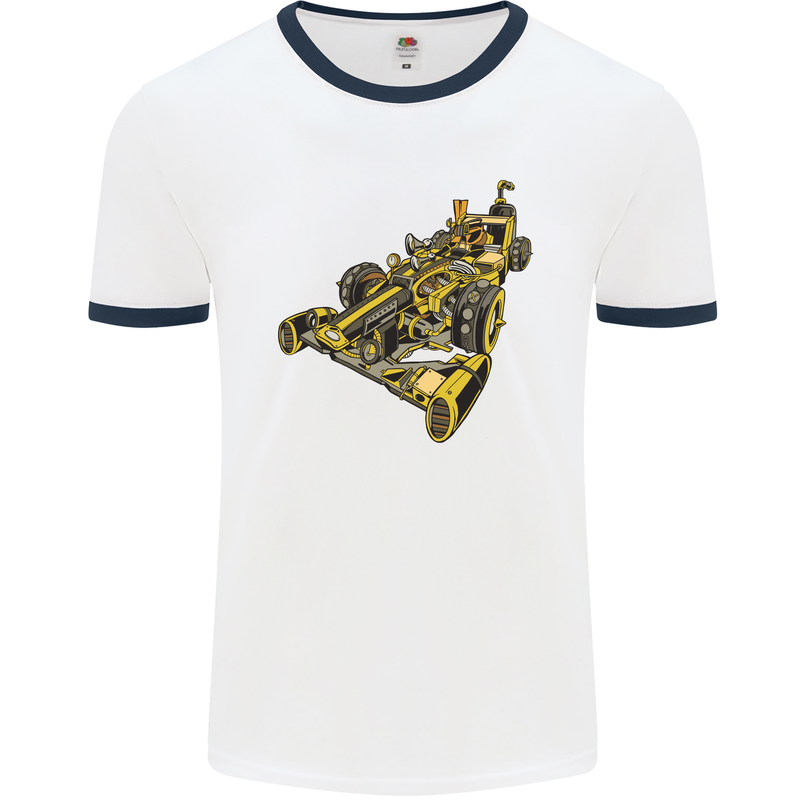 Steampunk Racing Car Mens White Ringer T-Shirt White/Navy Blue