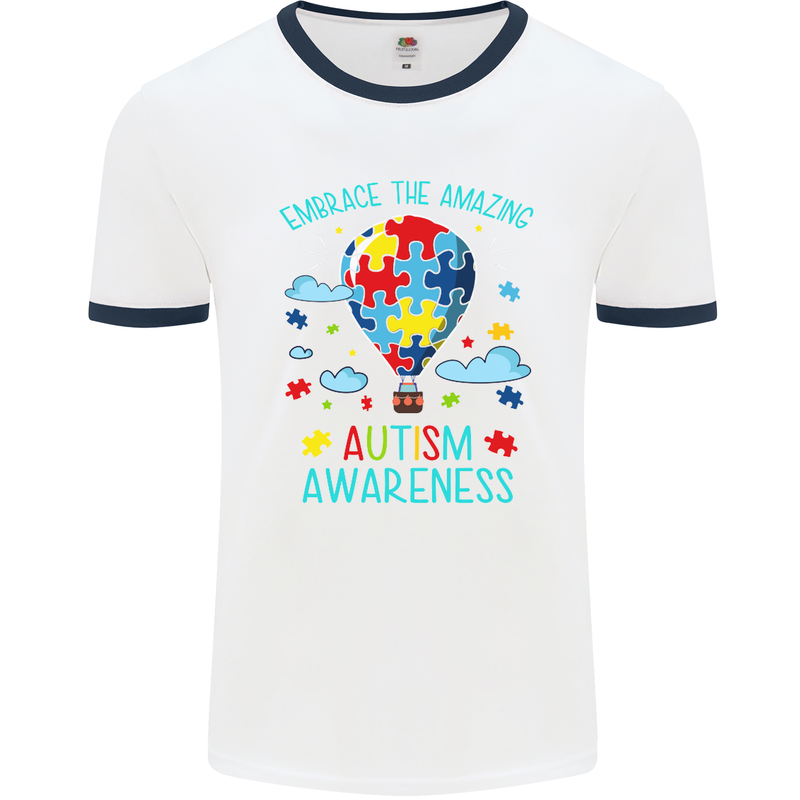 Autism Awareness Embrace Amazing Autistic Mens White Ringer T-Shirt White/Navy Blue