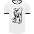 Japanese T-Rex Ninja MMA Mixed Martial Arts Mens White Ringer T-Shirt White/Navy Blue