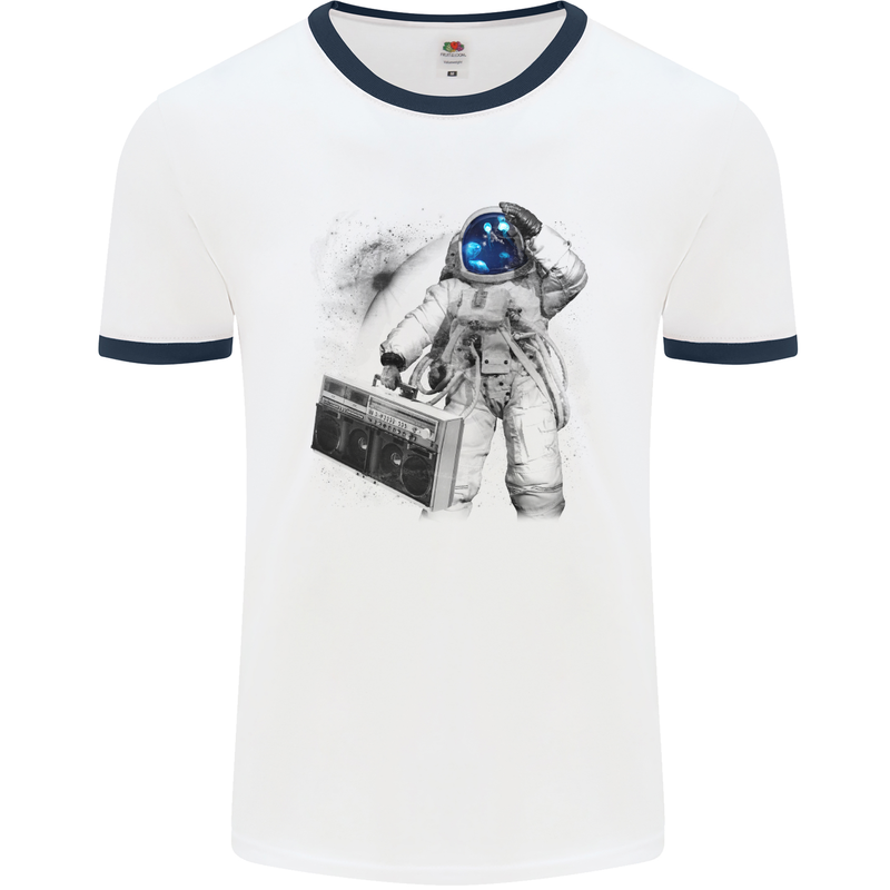 Space Ghetto Blaster Astronaut Music Mens White Ringer T-Shirt White/Navy Blue