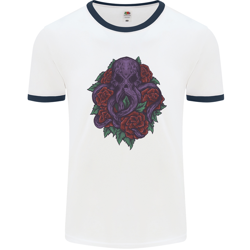 Octopus Skull Cthulhu Kraken With Roses Mens White Ringer T-Shirt White/Navy Blue