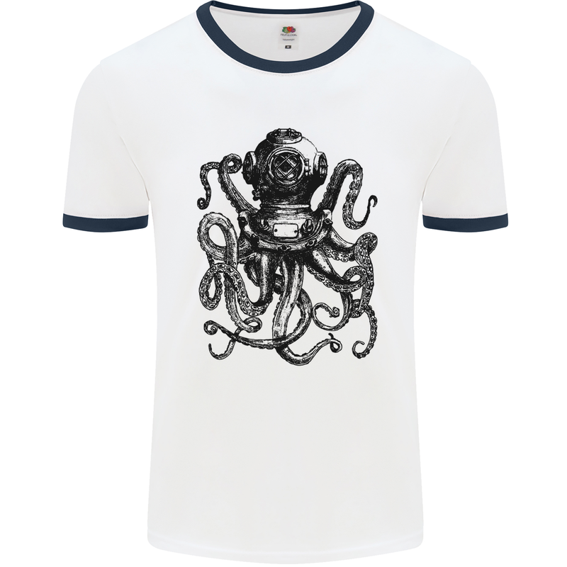 Scuba Octopus Diver Dive Diving Mens White Ringer T-Shirt White/Navy Blue