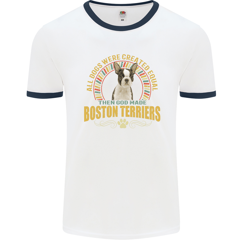 A Boston Terrier Dog Mens Ringer T-Shirt White/Navy Blue