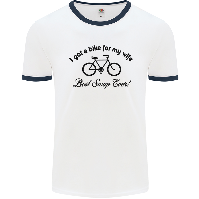 Cycling A Bike for My Wife Cyclist Funny Mens White Ringer T-Shirt White/Navy Blue