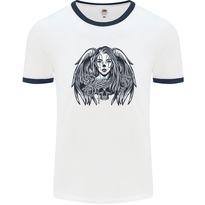 Heaven & Hell Angel Skull Day of the Dead Mens White Ringer T-Shirt White/Navy Blue