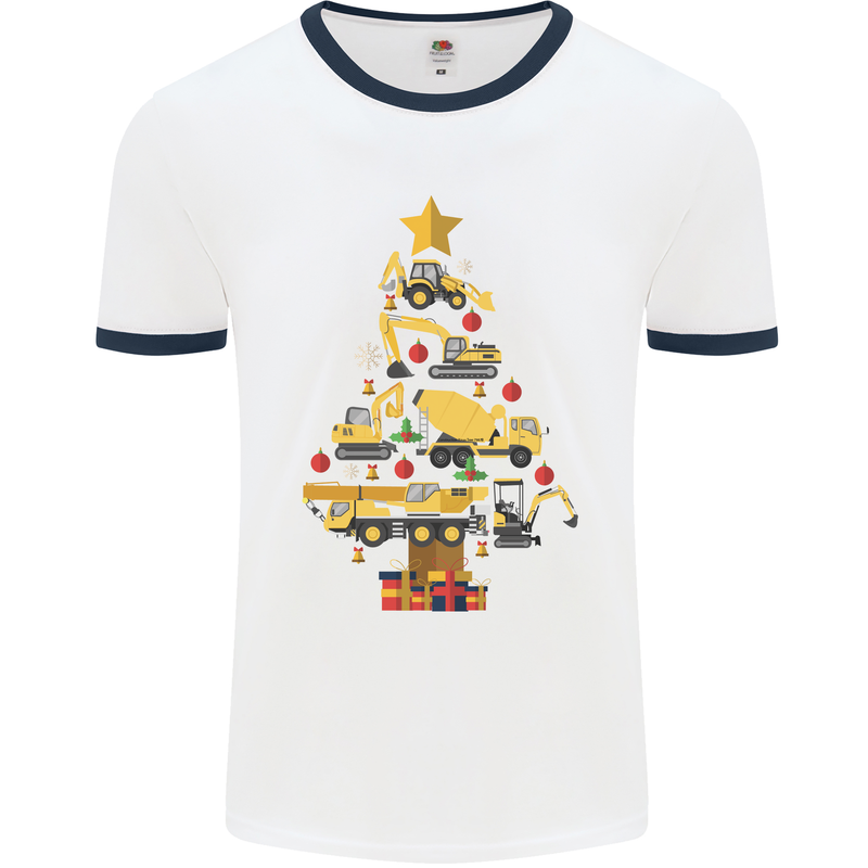 Construction Christmas Tree Digger Lorry Crane Mens White Ringer T-Shirt White/Navy Blue