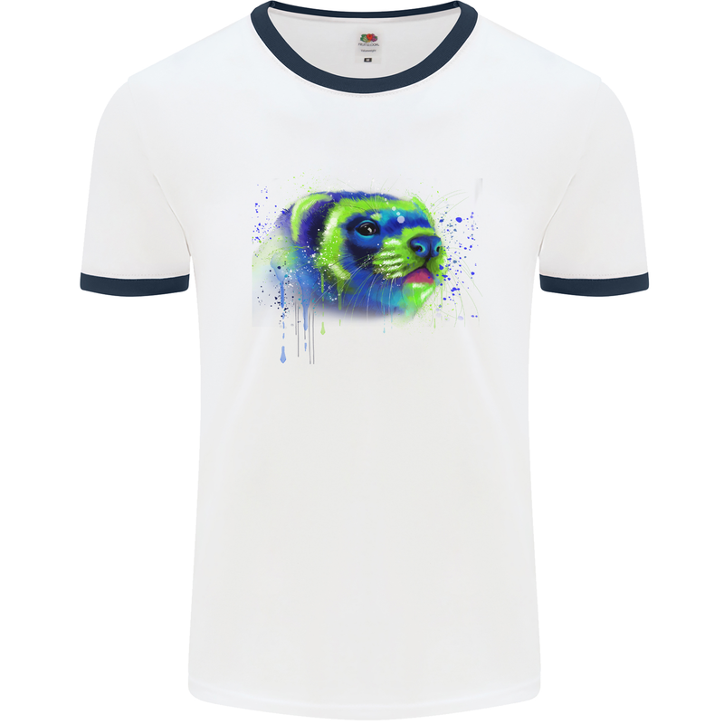 A Ferret Watercolour Mens White Ringer T-Shirt White/Navy Blue