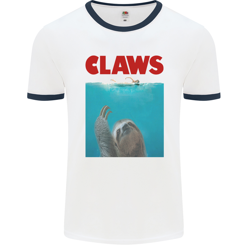 Claws Funny Sloth Parody Mens White Ringer T-Shirt White/Navy Blue