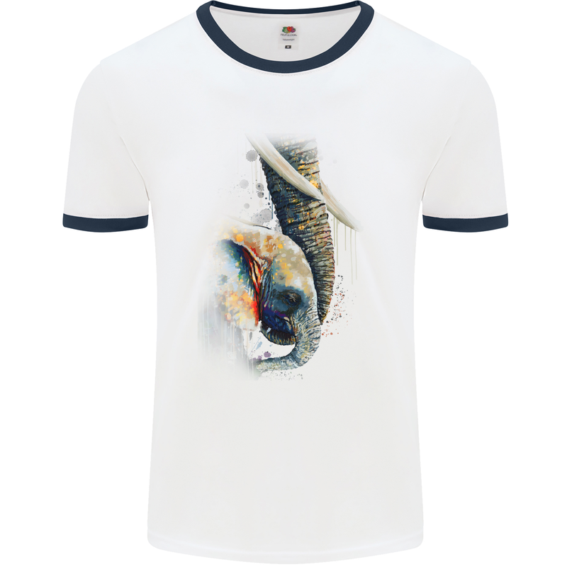 Elephant With Calf Baby Watercolour Mens White Ringer T-Shirt White/Navy Blue