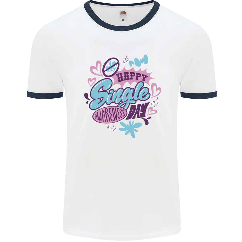 Happy Single Day Anti Valentines Romance Mens White Ringer T-Shirt White/Navy Blue