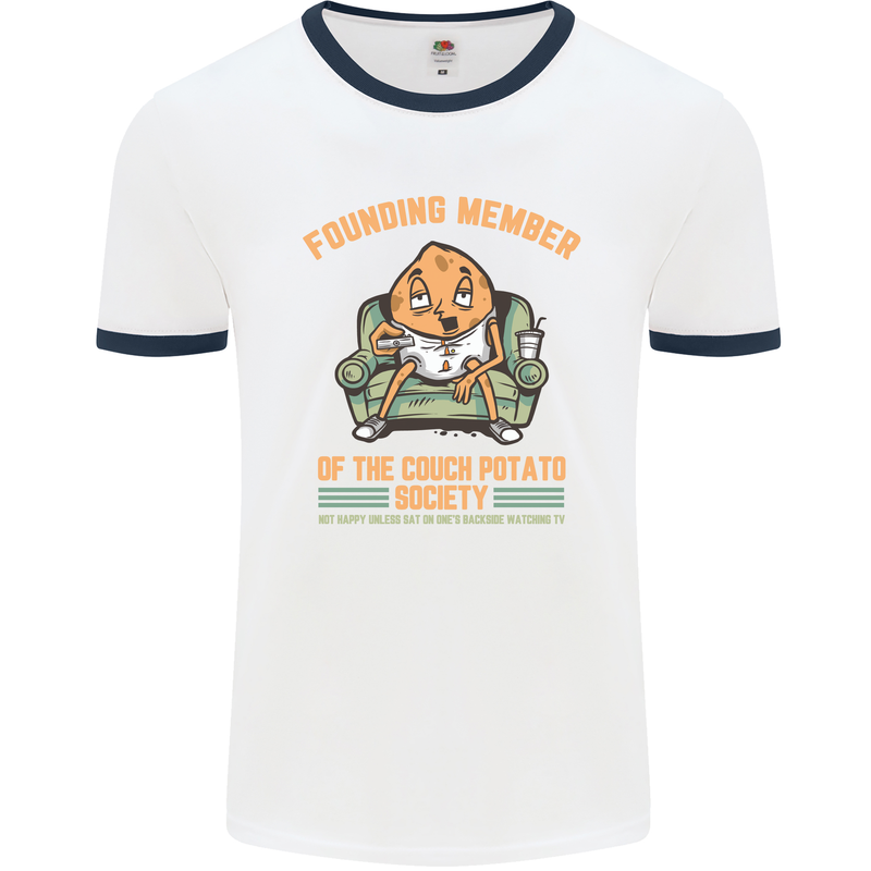 Funny Lazy Couch Potato Watchng TV & Movies Mens White Ringer T-Shirt White/Navy Blue