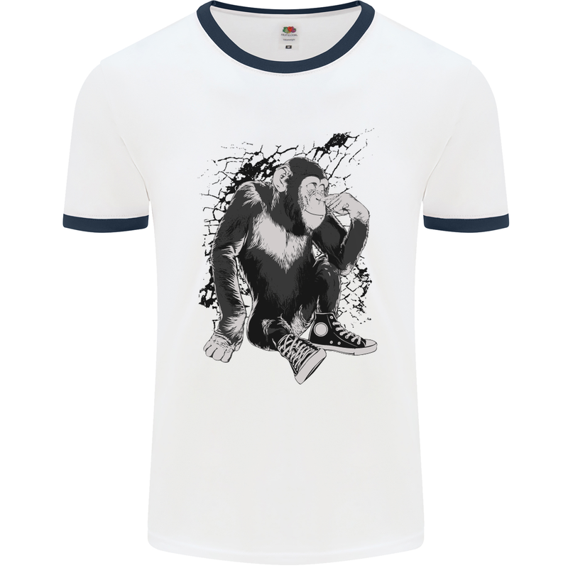 Chilled Out Chimp Chimpanzee Monkey Mens White Ringer T-Shirt White/Navy Blue