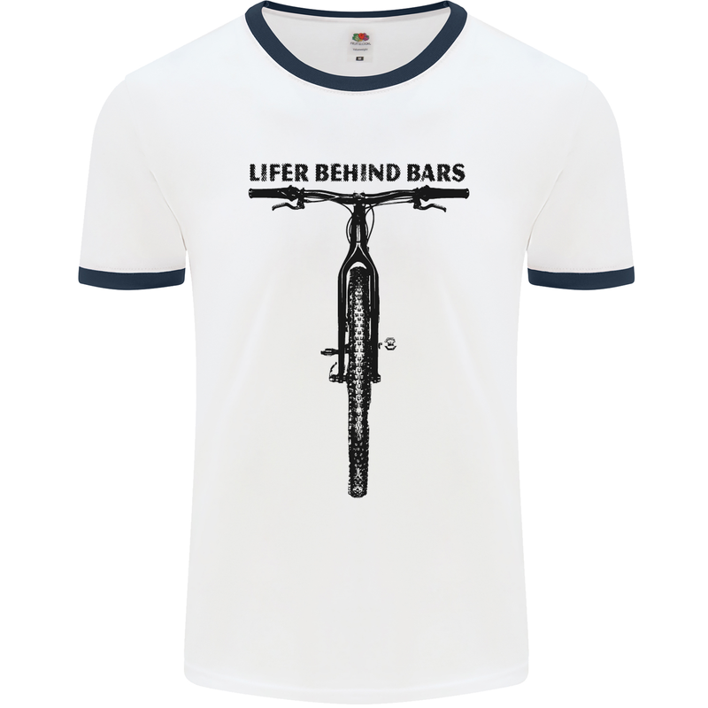 Lifer Behind Bars Funny Cycling Cyclist Mens White Ringer T-Shirt White/Navy Blue