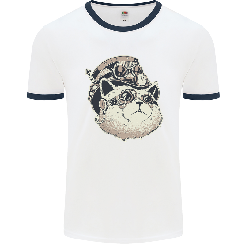 Steampunk Cat Mens White Ringer T-Shirt White/Navy Blue