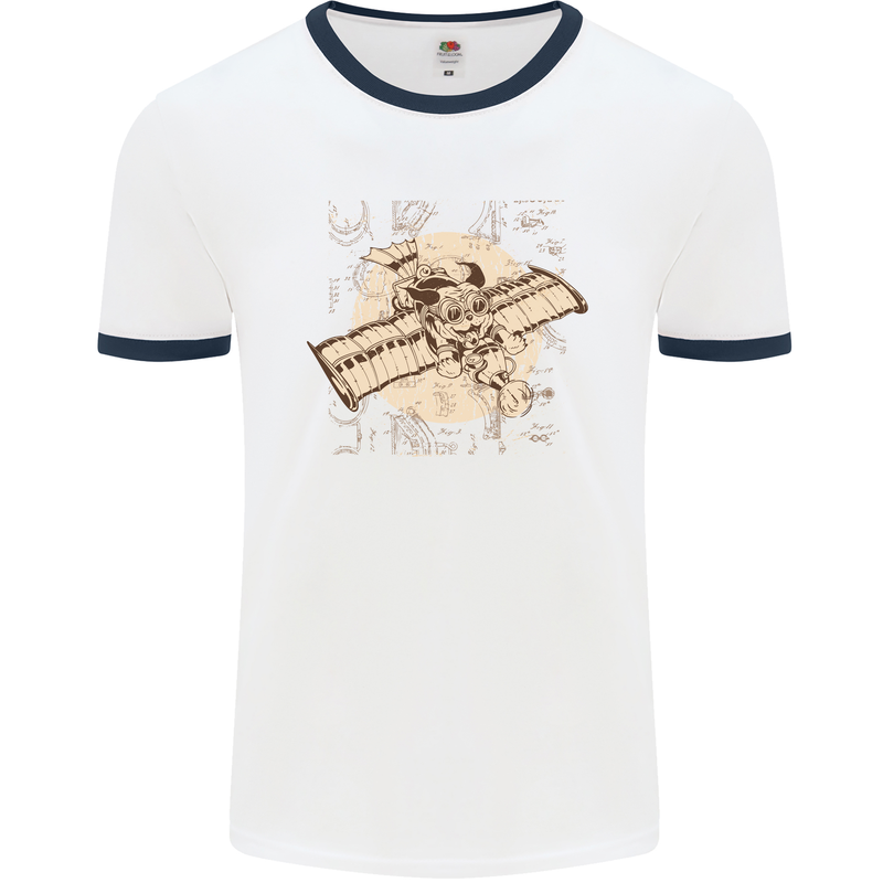 Flying Steampunk Dog Mens White Ringer T-Shirt White/Navy Blue