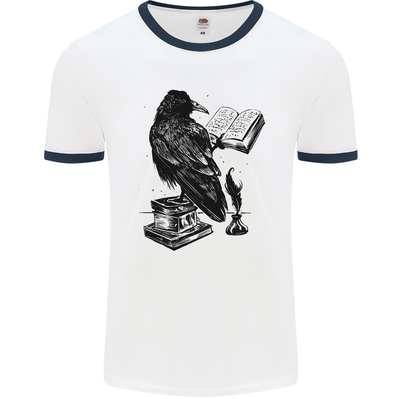 A Raven Reading a Book Literature Mens White Ringer T-Shirt White/Navy Blue