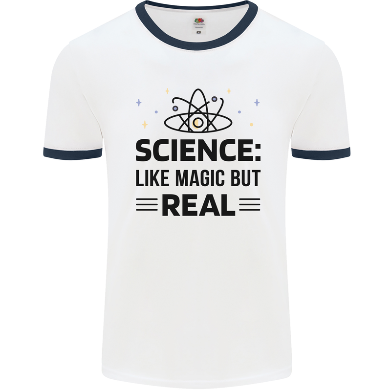 Science Like Magic But Real Funny Geek Nerd Mens White Ringer T-Shirt White/Navy Blue