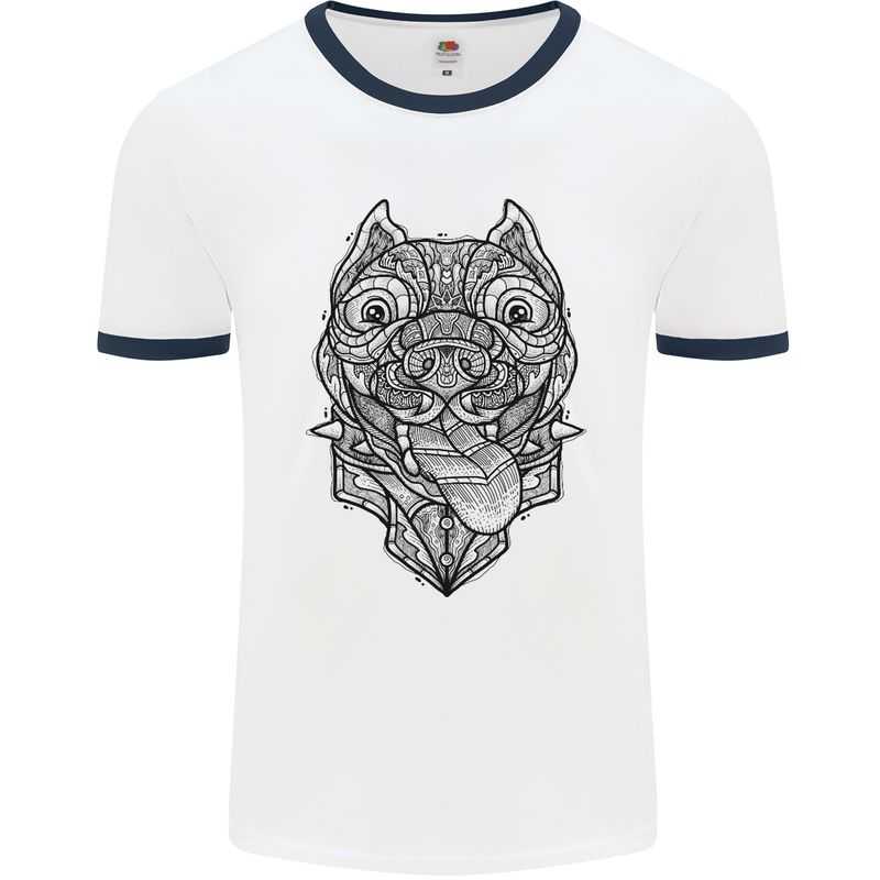 Pitbull Mandala Art Dog Lover Mens White Ringer T-Shirt White/Navy Blue