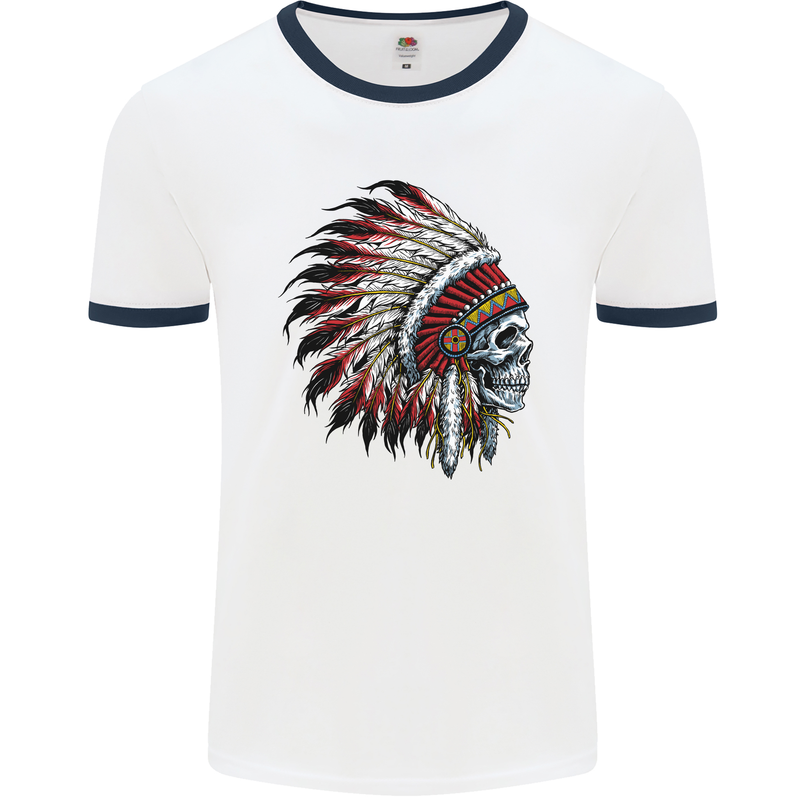 Indian Skull Headdress Biker Motorbike Mens White Ringer T-Shirt White/Navy Blue