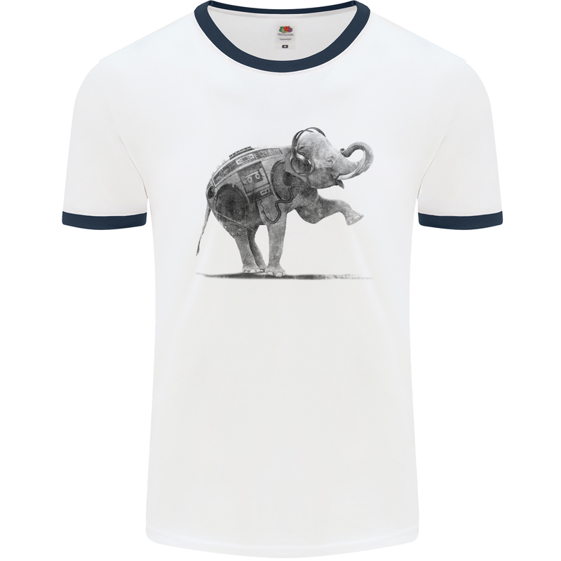 Dancing Musical Elephant Ghetto Blaster Mens White Ringer T-Shirt White/Navy Blue