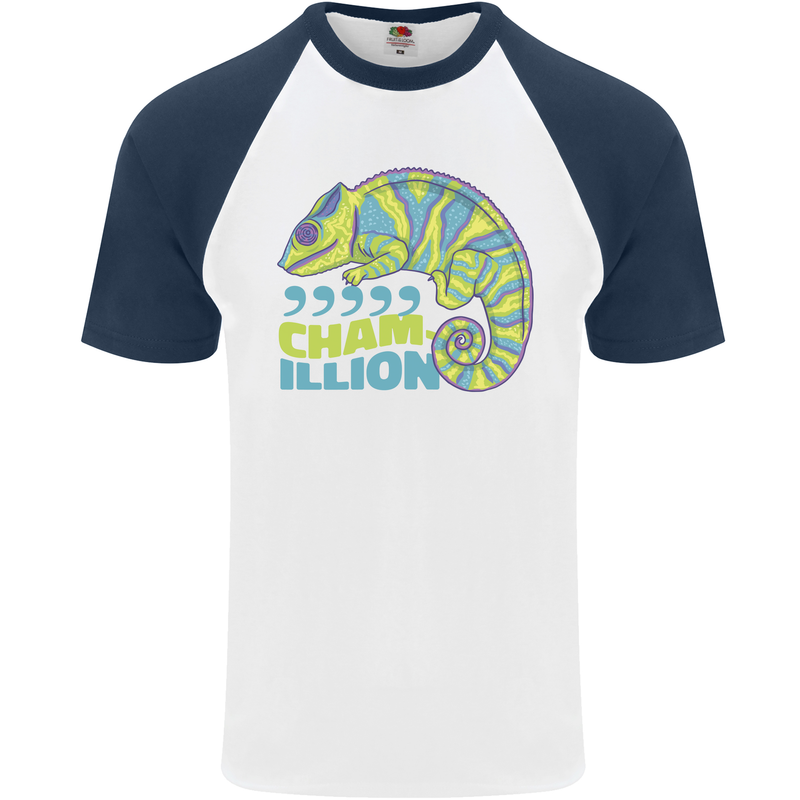 Comma Chameleon Funny Lizard Mens S/S Baseball T-Shirt White/Navy Blue