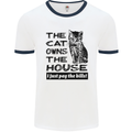 The Cat Owns the House Funny Kitten Mens White Ringer T-Shirt White/Navy Blue