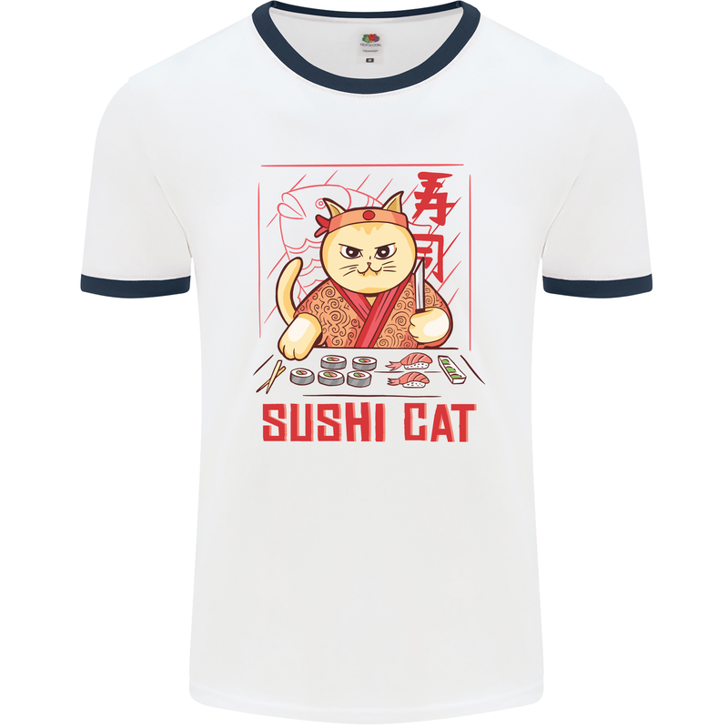 Funny Sushi Cat Food Fish Chef Japan Mens White Ringer T-Shirt White/Navy Blue