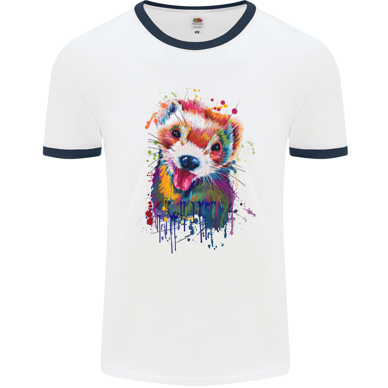 Ferret Watercolour Mens White Ringer T-Shirt White/Navy Blue