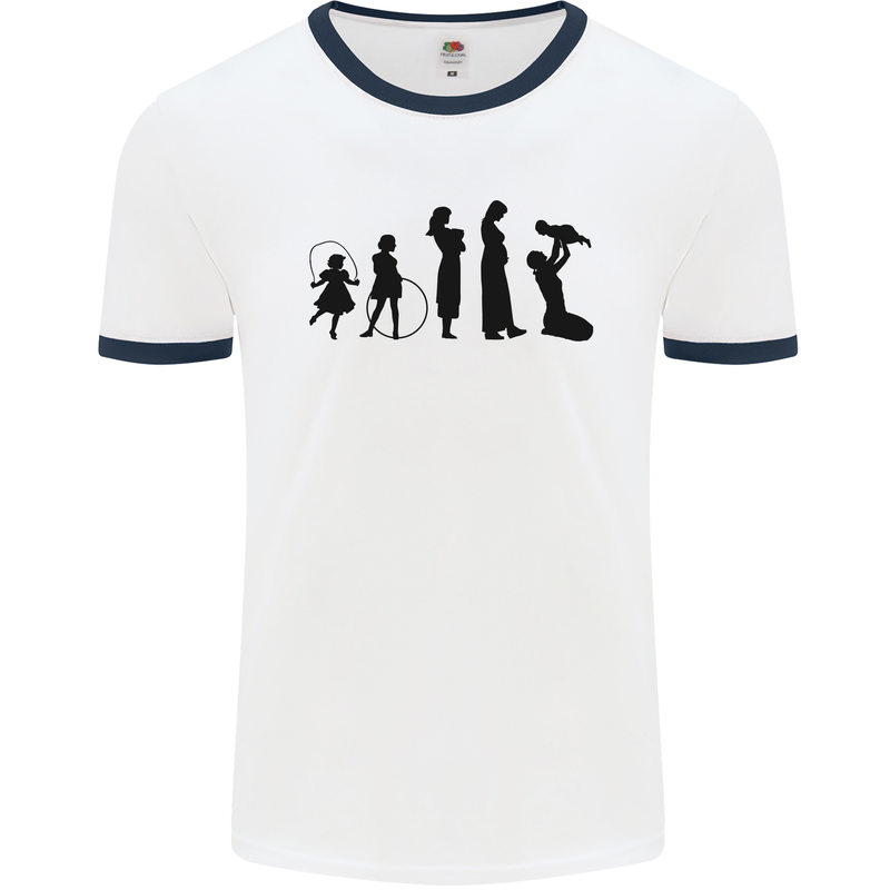 Funny Child to Mother Evolution Mothers Day Mens White Ringer T-Shirt White/Navy Blue